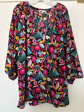 The Pioneer Woman Black Floral V-Neck Tunic with Pink, Blue & Yellow Accents